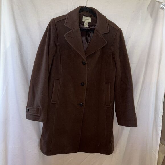 LL Bean Womans Mid-Length Brown Lambswool 3-Button Polo Coat Size 8 Reg - Picture 1 of 6